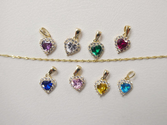 10k real solid yellow gold 16 inch necklace and color stone heart pendent set