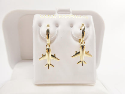 Real 10k Solid Yellow Gold Airplane Hoop Huggies Earrings
