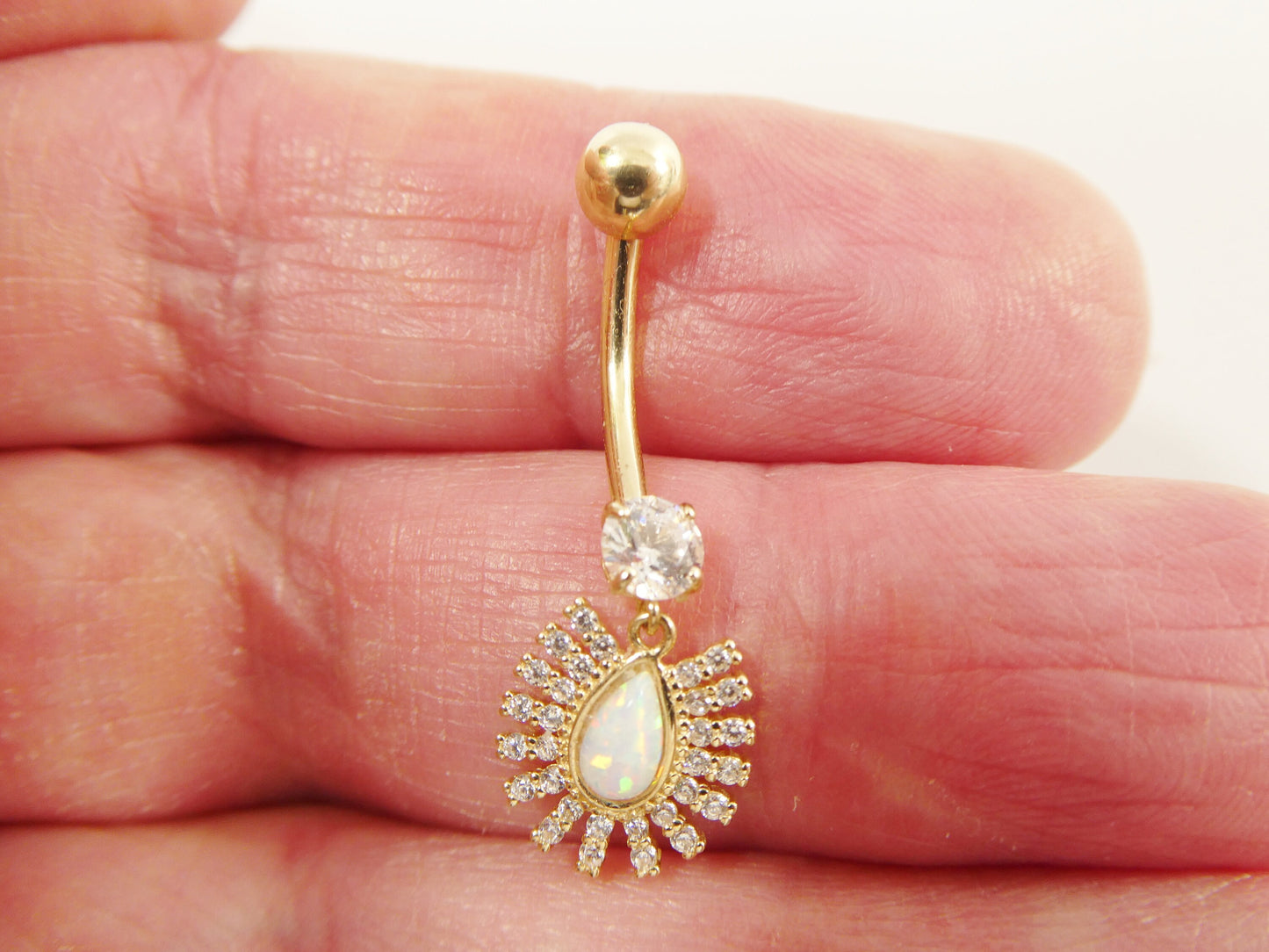 14k real solid yellow gold dangling barbell opal belly button ring piercing