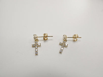 Real 10k Solid Yellow Gold Cross Dropping Push Post Earrings