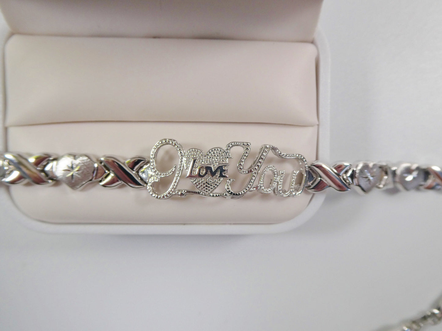 Sterling Silver I Love You XO Bracelet - 14k White Gold Finish