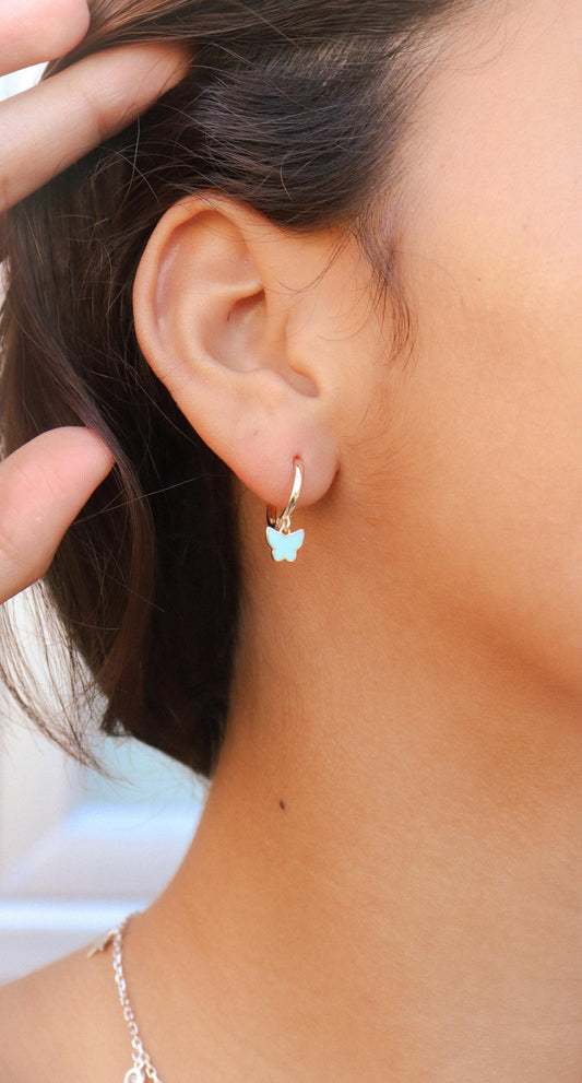 real 10k solid yellow gold enamel drop butterfly hoop huggie earring
