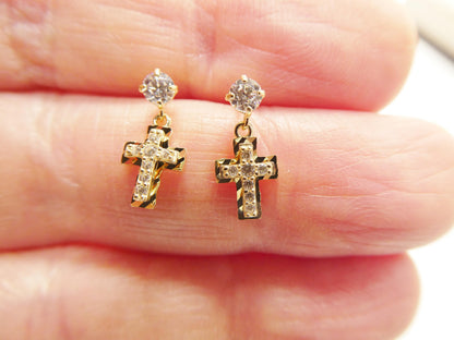 Real 10k Solid Yellow Gold Cross Dropping Push Post Earrings