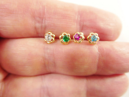10k Real Solid Yellow Gold Birthstone Screw Back Children Earrings Flower Shape