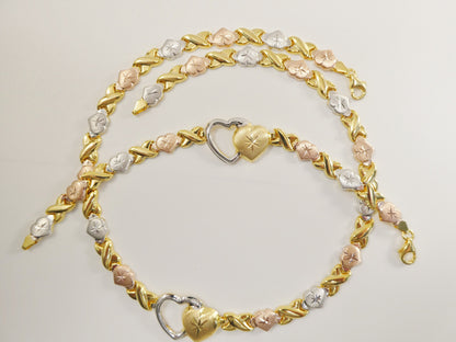 Real 925 Sterling Silver Double Heart xo Heart Tri Color Set Necklace And Bracelet