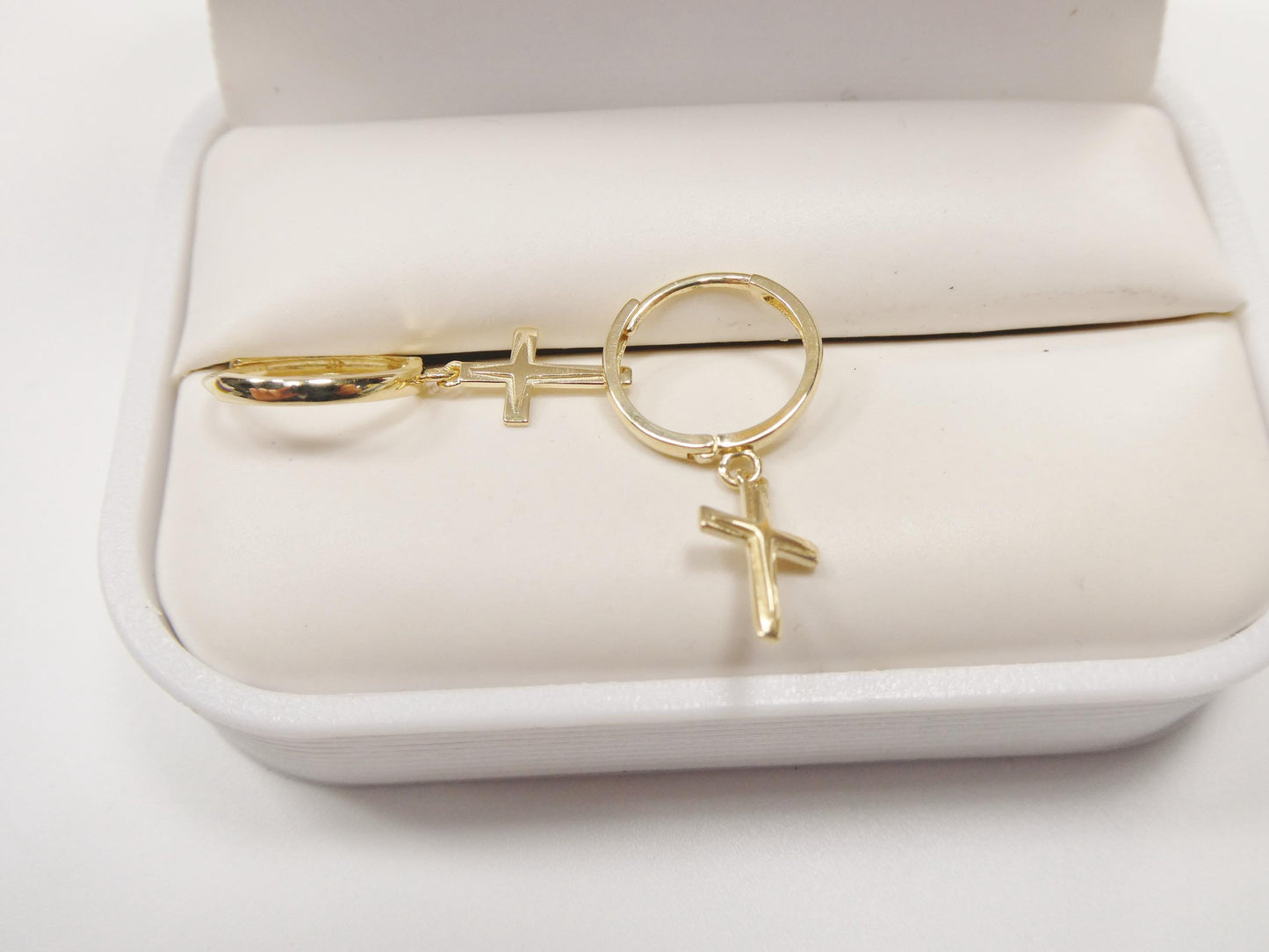 real 10k solid yellow gold cross dropping hoop huggie earrings
