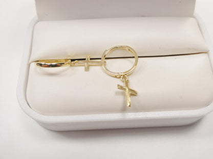 Real 10k Solid Yellow Gold Cross Dropping Hoop Huggie Earrings