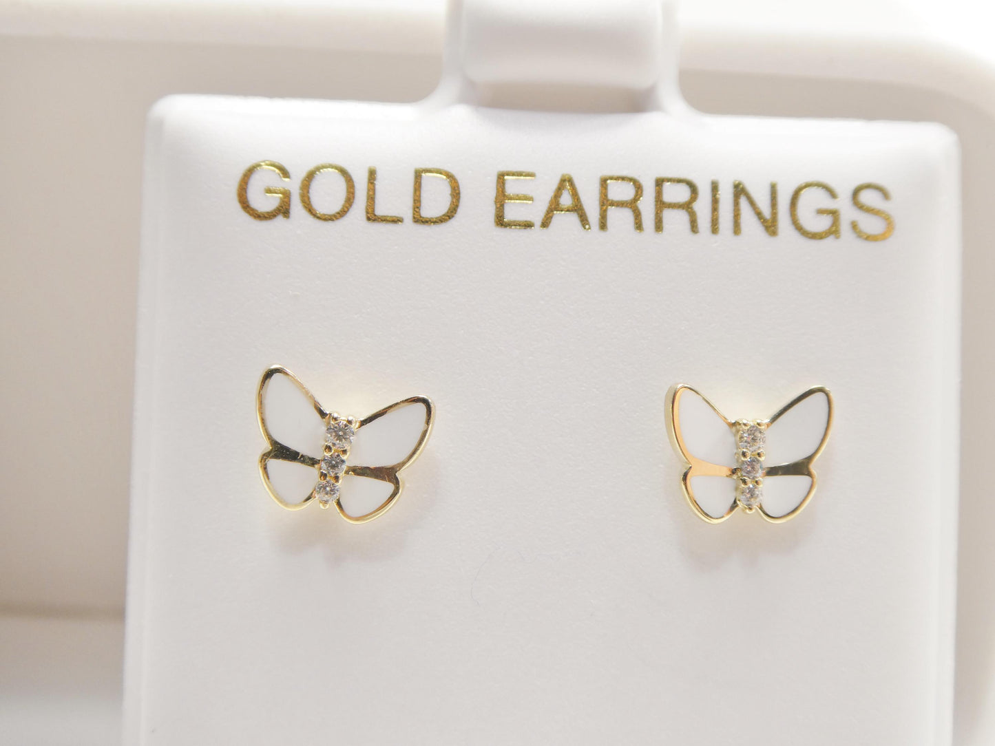 real 10k solid yellow gold white enamel butterfly screw back earrings