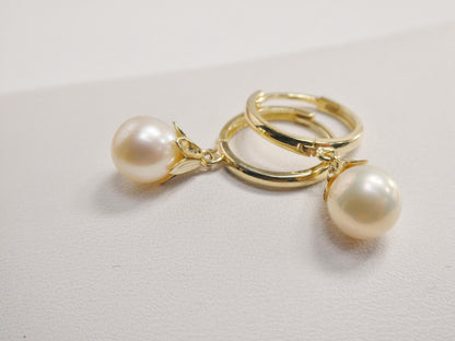 Real 10k Solid Yellow Gold Shell Cultured Freshwater Pearl Plain Hoop Huggie Earrings