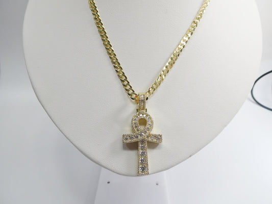 14k yellow gold color tone chain and cross charm pendent over real 925 sterling silver