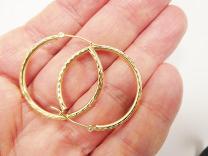 10k Real Solid Yellow Gold 2mm Tube Diamond Cut Hoop Earrings