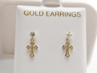 Real 10k Solid Yellow Gold Cross Dropping Push Post Earrings