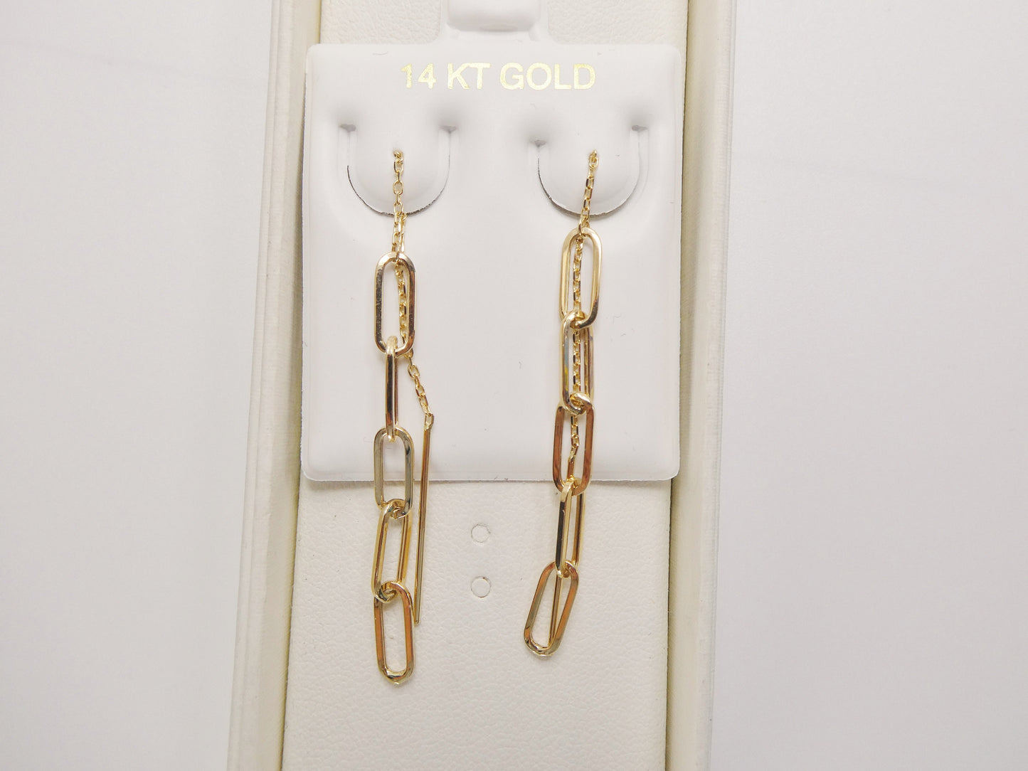 14k real solid yellow gold paperclip long dangling earrings