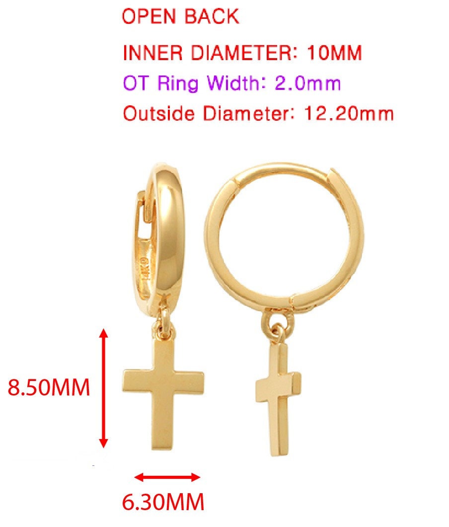 real 10k solid yellow gold cross dropping hoop huggie earring
