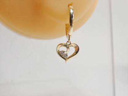 Real 10k Solid Yellow Gold Designer Heart Dangling Hoop Huggie Earrings