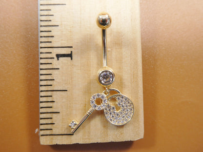 14k Real Solid Yellow Gold Dangling Lock And Key Belly Button Ring Piercing