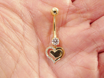 14k Real Solid Yellow Gold Heart Dangling Belly Button Ring Piercing