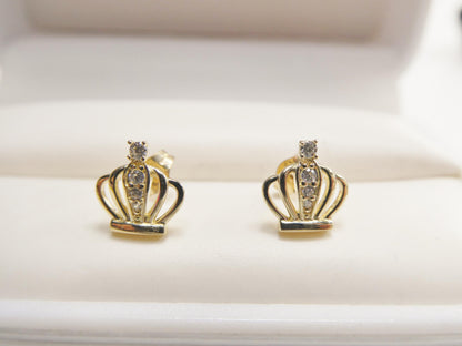 Real 10k Solid Yellow Gold Crown Push Post Stud Earrings