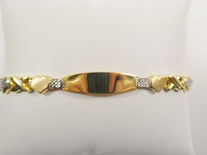 Real 925 Sterling Silver Stampato X Heart ID Bracelet 14k Yellow Gold Finish