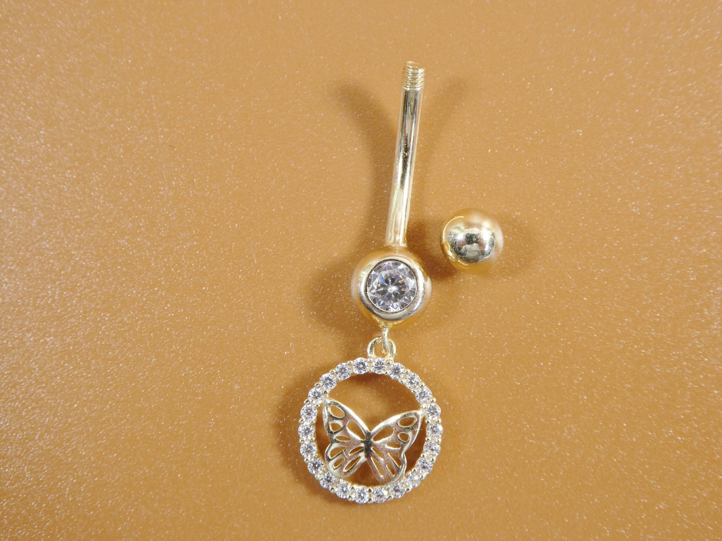 14k real solid yellow gold dangling circle butterfly belly button ring piercing