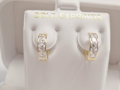 Real 10k Solid Yellow Gold Square-cut Stone Hoop Huggie Earrings