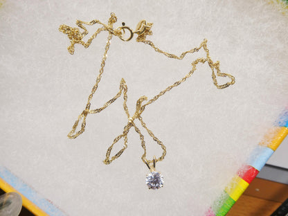 10k Real Solid Yellow Gold 16 Inch Chain and Round Stone Solitaire Pendent Set