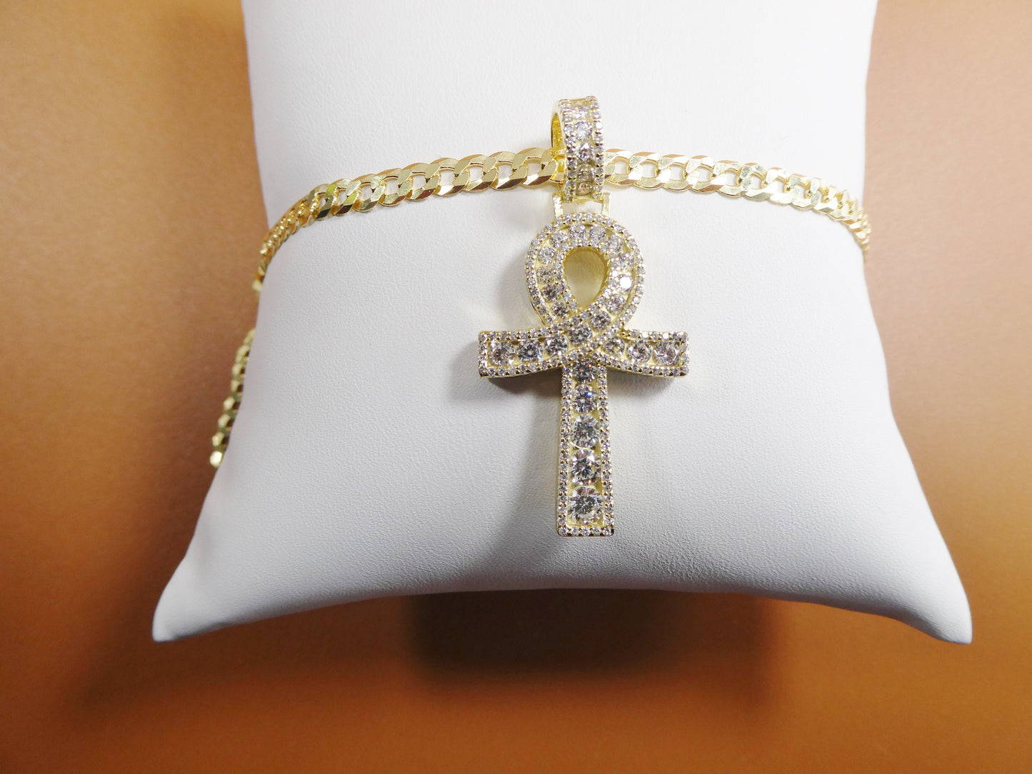 Gold Tone Ankh Cross Pendant: Sterling Silver Cuban Chain