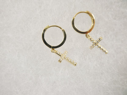 Real 10k Solid Yellow Gold Cross Dropping Hoop Huggie Earrings