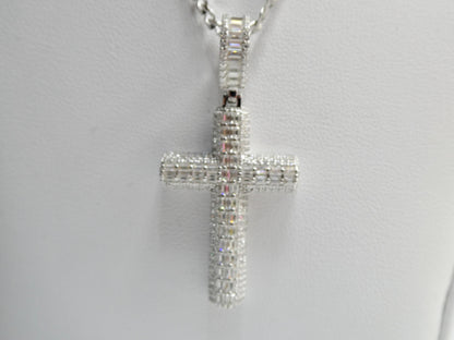 Real 925 Sterling Silver 22 Inch Flat Chain and Moissanite Cross Pendent Charm