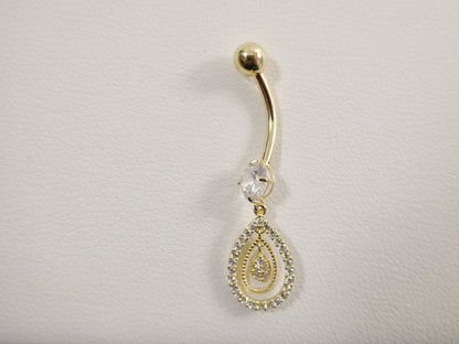 14k Real Solid Yellow Gold Oval Dangling Belly Button Ring Piercing
