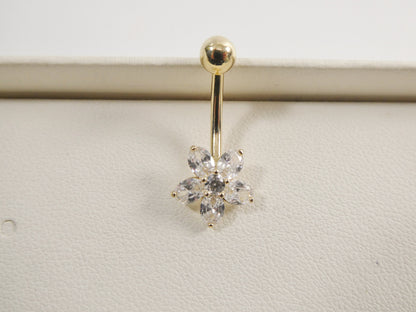 14k Real Solid Yellow Gold Flower Belly Button Ring Piercing