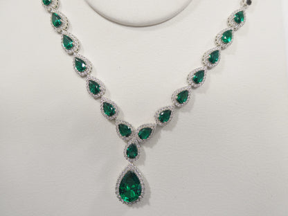 Real 925 Sterling Silver Teardrop Emerald Green Women Necklace