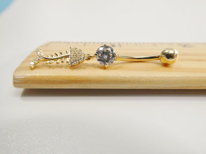 14k Real Solid Yellow Gold Fish Skeleton Dangling Belly Button Ring Piercing