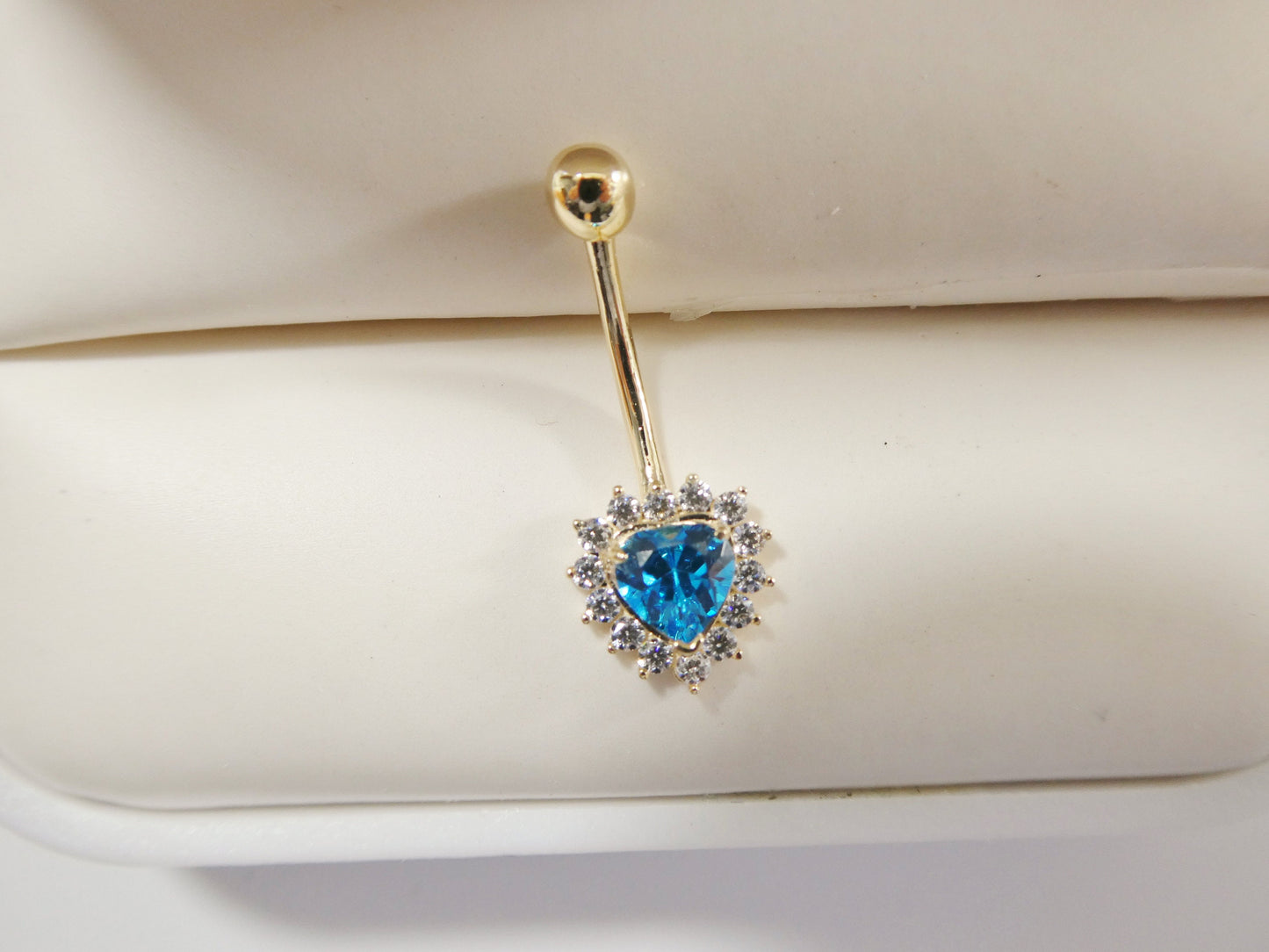 14k real solid yellow gold color stone heart belly button ring piercing