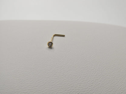 14k Real Solid Yellow Gold L SHAPE 1.5mm Round Stone Stud Nose Ring