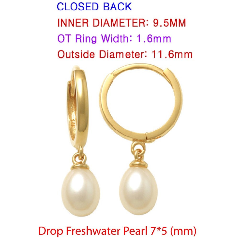 real 10k solid yellow gold dangling cultured freshwater pearl  plain hoop huggie earrings
