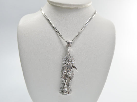 real 925 sterling silver 18 inch curb chain and santa muerte pendent charm