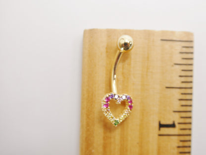 14k Real Solid Yellow Gold Rainbow Heart Belly Button Ring Piercing
