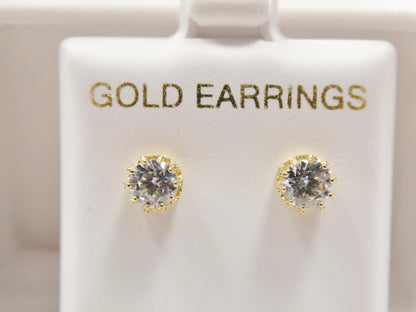 Real 10k Solid Yellow Gold Crown Style Push Post Circle Stud Earrings