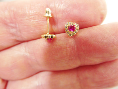 10k Real Solid Yellow Gold Screw Back Children Birth Stone Earrings Heart Shape