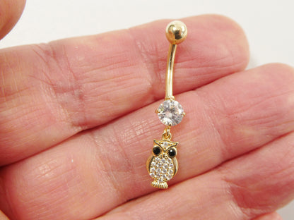 14k Real Solid Yellow Gold Owl Dangling Belly Button Ring Piercing