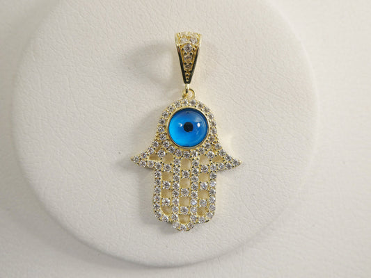 14k real solid yellow gold full stone setting evil eye hamsa charm pendent