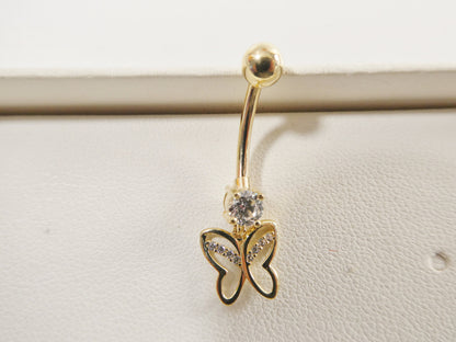 14k Real Solid Yellow Gold Butterfly Dangling Belly Button Ring Piercing