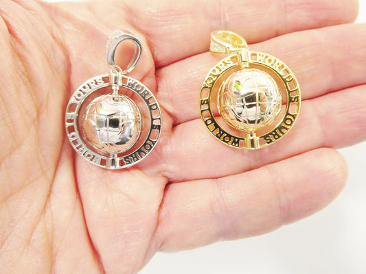 real 925 sterling silver globe charm pendent 14k yellow gold finish