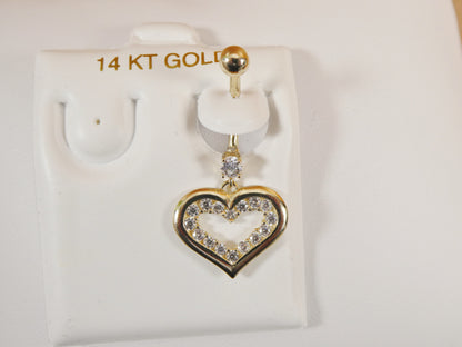 14k Real Solid Yellow Gold Heart Dangling Belly Ring