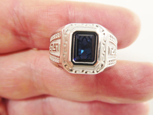 real solid 925 sterling silver men blue stone ring rhodium plating finish