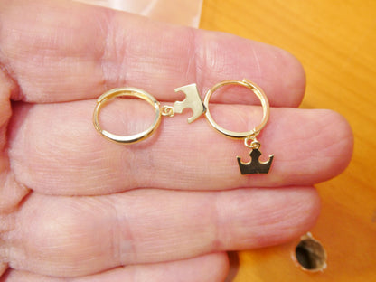 Real 10k Solid Yellow Gold Crown Hoop Huggie Earrings