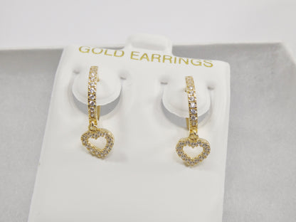 Real 10k Solid Yellow Gold Dangle Heart Full Micro Fave Setting Hoop Huggie Earrings