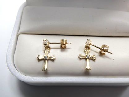 Real 10k Solid Yellow Gold Cross Dropping Push Post Earrings