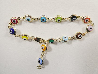 Real 14k Sold Yellow Gold 6 Inch Evil Eye Multi Color Adjustable Baby Bracelet